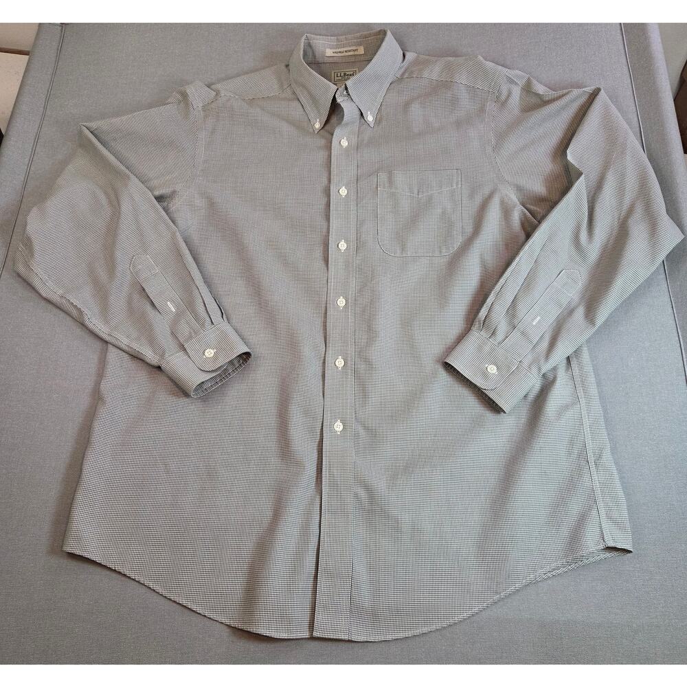 LL Bean Mens L Button Down Shirt Green Check Wrinkle Resistant Cotton Malaysia